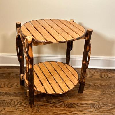 WOODEN SIDE TABLE | Having 4 branch legs with curved branch borders & slatted tops - h. 22 x dia. 18 in
