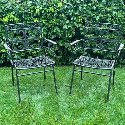 (2pc) Black Wrought Iron Chairs | Outdoor patio arm chairs with scrolling pattern on seat and back. - h. 36.5 x w. 24 x d. 19 in
