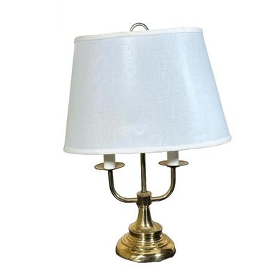 SMALL DESK LAMP | Brass desk lamp with 2 bulbs Dimensions: h. 17 x w. 8 x l. 12 in (with shade)
