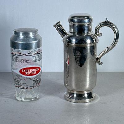 Vintage Chrome And Glass Cocktail Shakers | Glass jar and top with recipes listed plus a chrome shaker with a screw on spout cap, marked...