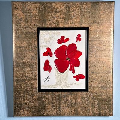 SIGNED OIL PAINTING | Red flowers. Oil on canvas. 7 x 5.5 in canvas. Signed lower left - h. 13 x w. 11.5 in (frame)
