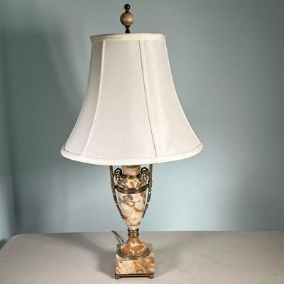 STONE CARVED LAMP | Carved stone table lamp with gilt brass - h. 27 x dia. 14 in (with shade)
