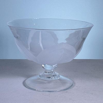 Glass Pedestal Bowl | Glass fruit bowl with frosted petals on pedestal. - h. 7 x dia. 9 in