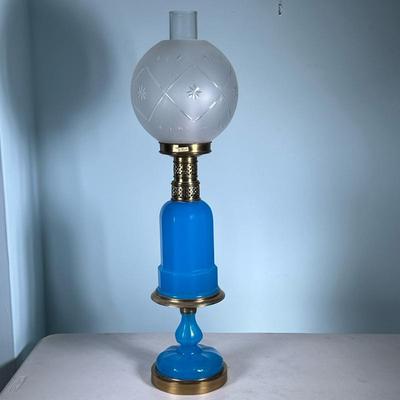 Oil Lamp | Blue electrified Oil lamp with brass trim and vintage etched glass globe. - h. 31.5 x w. 8 in
