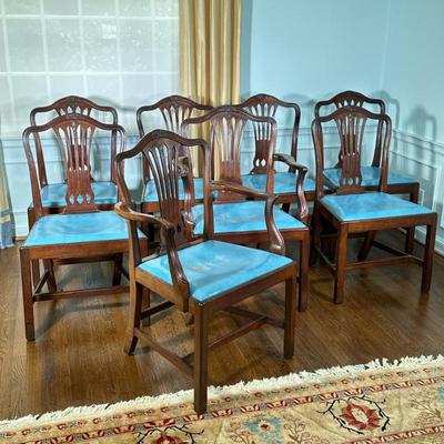 (8pc) Chippendale Dining Chairs | Chippendale dining chairs with blue leather upholstery. Six side chairs and two captain chairs. - h. 38...