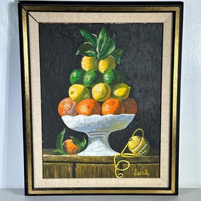 LEMON & ORANGE STILL LIFE OIL PAINTING | Lemon & orange still life. Oil on board. 17.5 x 13.5 in. Board. Signed "Sarah"...