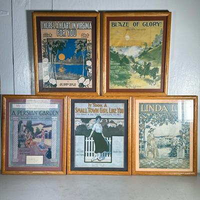 (5pc) FRAMED SHEET MUSIC COVERS | Including: Linda Lee by Harriet Rusk and James Kendis It Took a Small Town Girl Like You (To Make a Big...