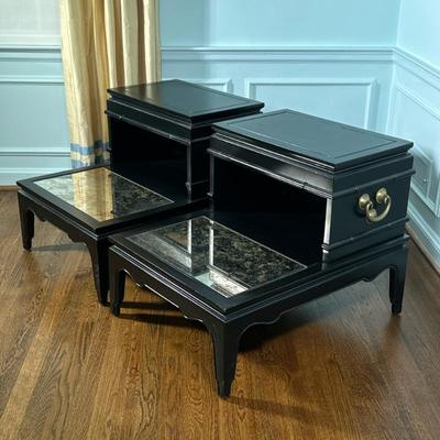 (2pc) PAIR SIDE TABLES | Pair of 2-tier wood side tables with mirrored glass insert - h. 23.5 x w. 23 x d. 30 in
