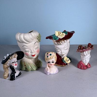 (5pc) Vintage Head Vases | Five glamour girl collectible MCM vases. Two are numbered. Dimensions: h. 6.5 x w. 4.5 in (Largest)