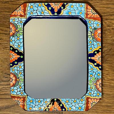 CERAMIC FRAME MIRROR | Small glazed octagon ceramic frame mirror, pottery folk art - h. 15.5 x w. 12.25 in
