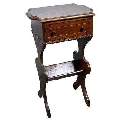 SMALL SIDE TABLE | Small wooden side table with single drawer over magazine/book holder - h. 27.5 x w. 16 x d. 12 in
