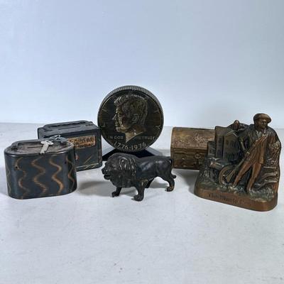(6pc) VINTAGE COIN BANKS | Including: A.I. Namm & Sons coin bank, treasure chest bank, lion form bank, half dollar bank, Minute Man...