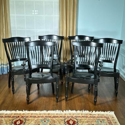 (6pc) Dining Chairs | Black wooden chairs, 4 side and 2 captain. - h. 39.5 x w. 22 x d. 24 in
