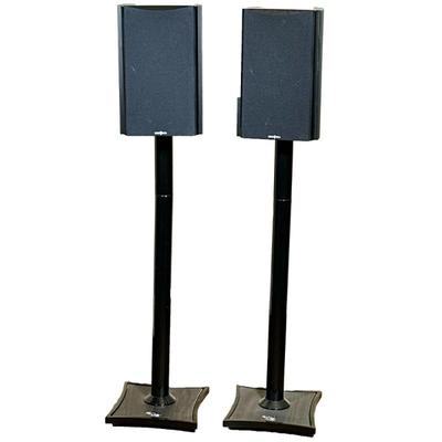 (2pc) PAIR INSIGNIA SPEAKERS | Pair of Insignia bookshelf speakers on Omni speaker stands, Model No. NS-B2111 - h. 46.25 x w. 11 x d....