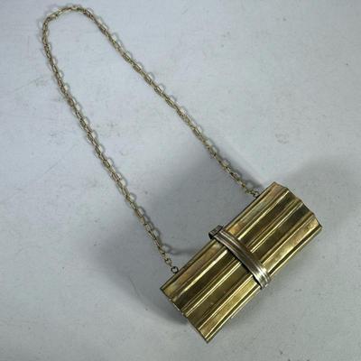 FANCY MIXED METALS EVENING BAG PURSE | Clutch/purse; gold-toned and metal ribbed hard shell cylinder with chain strap - Chain with 16 in...