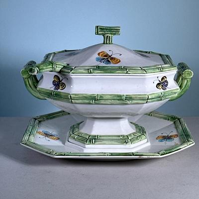 (3pc) Butterfly Tureen with Bamboo Decorations | Covered tureen with under plate and spoon. Bamboo green-themed trim with butterfly...