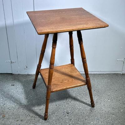 Vintage Two-Tiered Table | Two-tiered square oak wood parlor/side/end table. Four turned splay wood legs attached by lower shelf. Square...