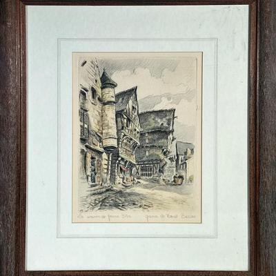 French Etching | La Maison de Jeanne D’Arc - Homes along street in France. Marcel Bessau. Artwork 11”h x 8”w. Signed bottom right. - h....