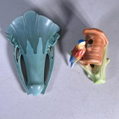 (2pc) Vintage Wall Pockets | Bird with birdhouse is possible Czechoslovakian, marked on bottom. Green wall pocket possibly Roseville. -...