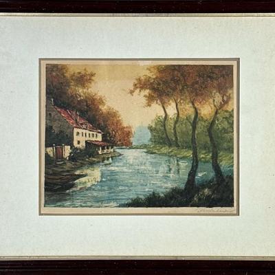 European Etching | Home on the river. Hand colored etching. German artist Kromenbacher. Signed bottom lower right. 8.5” h 11” w artwork....