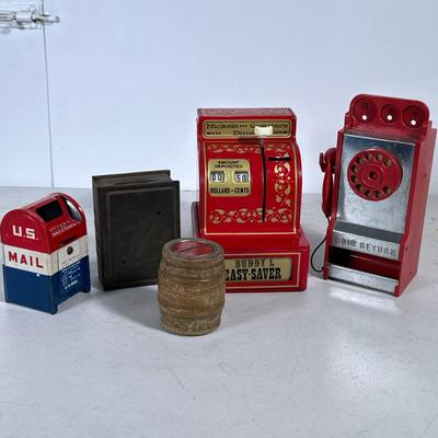 (5pc) VINTAGE COIN BANKS | Vintage tin coin banks including: Buddy L. Easy-Saver, mailbox bank, telephone bank, “The Road to Wealth” book...