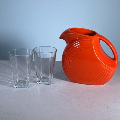 (3pc) Pitcher And Glasses | Orange Fiesta pitcher and two Nespresso glasses. - h. 7.5 x l. 9 in (Picher)
