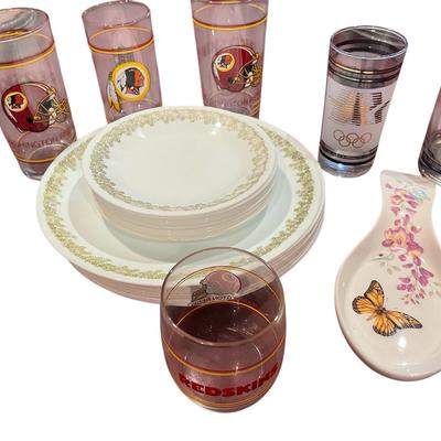 Redskin Glasses, Green Flower Bowls And Misc 