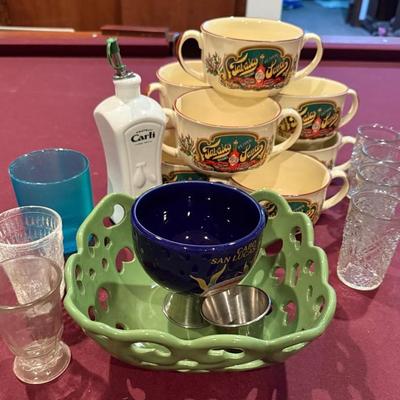 6 Tabasco Soup Bowls, Green Serving Baskets And Cups