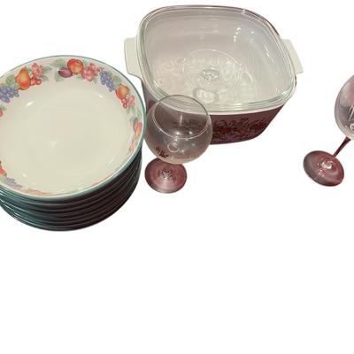 Baking Dish And Epoch Fruit Bowls And Misc Wine Glasses