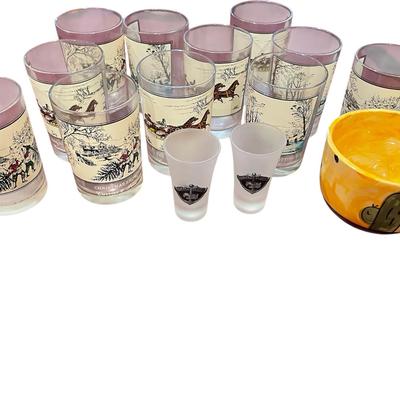 Currier And Ives Christmas Snow Glasses. Painted Soup Bowl And Shot Glasses