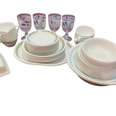 Green Flower Corning Ware Set, Glasses, Plates, Bowls, Butter Container, Saucers And Pouring Cups