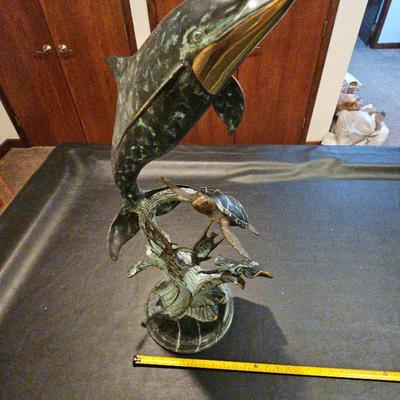Large Dolphin And Sea Creature Brass And Marble Sculpture  Very Heavy