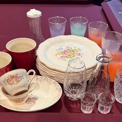 Vintage 1942 Crown Potteries Flower Plates, Soup Bowls And Colorful Cups
