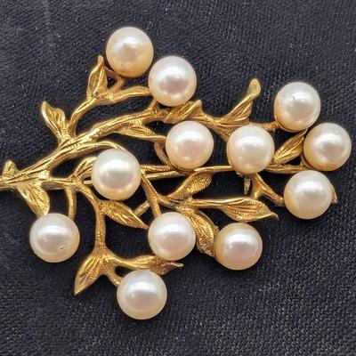 14K Gold & Pearl Leaf Cluster Brooch