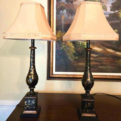 Pair Of Painted Wooden Lamps Black Gold