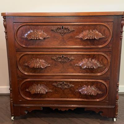 Antique 3 Drawer Carved Wood Chest