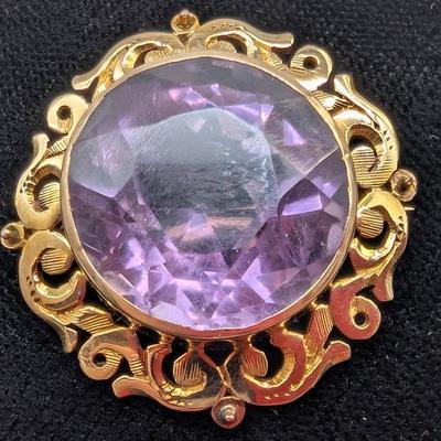 14K Gold & Amethyst Brooch 