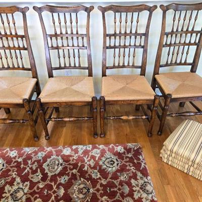4 Vintage Wooden Dining Chairs Rush & Fabric Seats