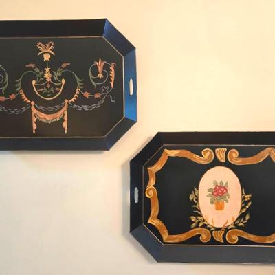 2 Vintage Hand Painted Tole Art Metal Trays