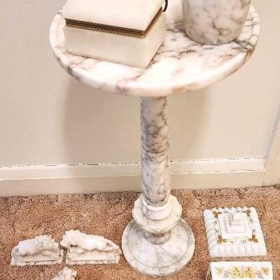 Marble Smoking Stand, Marble Lion Bookends, Marble Clock, Westmoreland Wedding Dish, Porcelain Urn