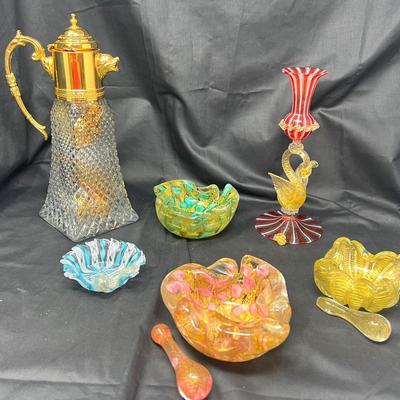 Mid Century Murano Bowls/ Ashtrays & A Gold & Crystal Carafe