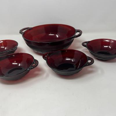 Anchor Hocking Vintage Coronation Red Ruby Serving Bowl & 4 Individual Bowls 