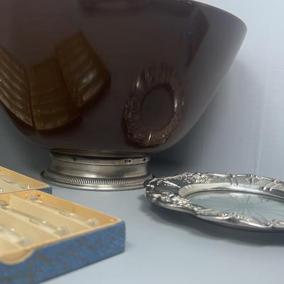 Sterling And Glass Dish & Knife Rests