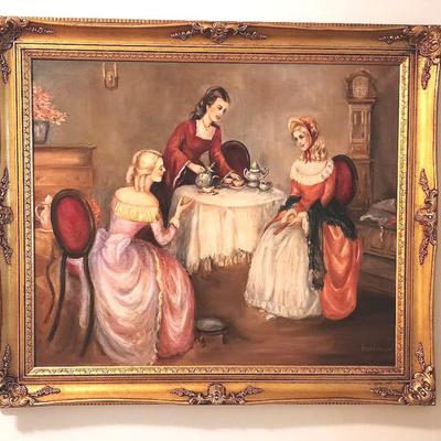 Oil Painting - Signed Bonhage - Depicting Victorian Tea Time Ladies