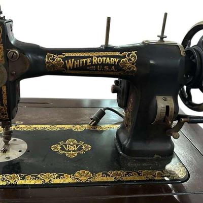 Antique White Rotary Sewing Machine in Cabinet