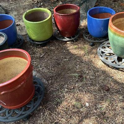 Seven Ceramic Garden Pots With Metal Plant Caddies