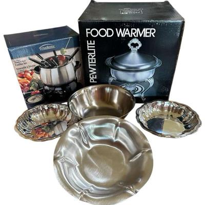 F.B. Roger’s Pewterlite Food Warmer, Trudeau Fondue Set, and Pewter Bowl