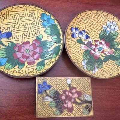 Pair of Chinese Cloisonné Ashtrays and Match Holder, c. 1900-1920s