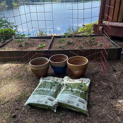 Three Large Ceramic Pots, Two 1 Cu ft Bags of Compost, and Two Tomato Cages