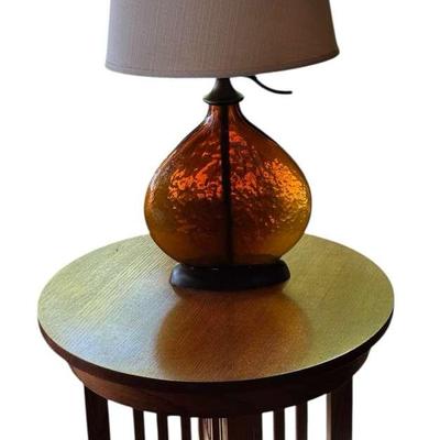 Mission-Style Oak Side Table with Unique Lamp
